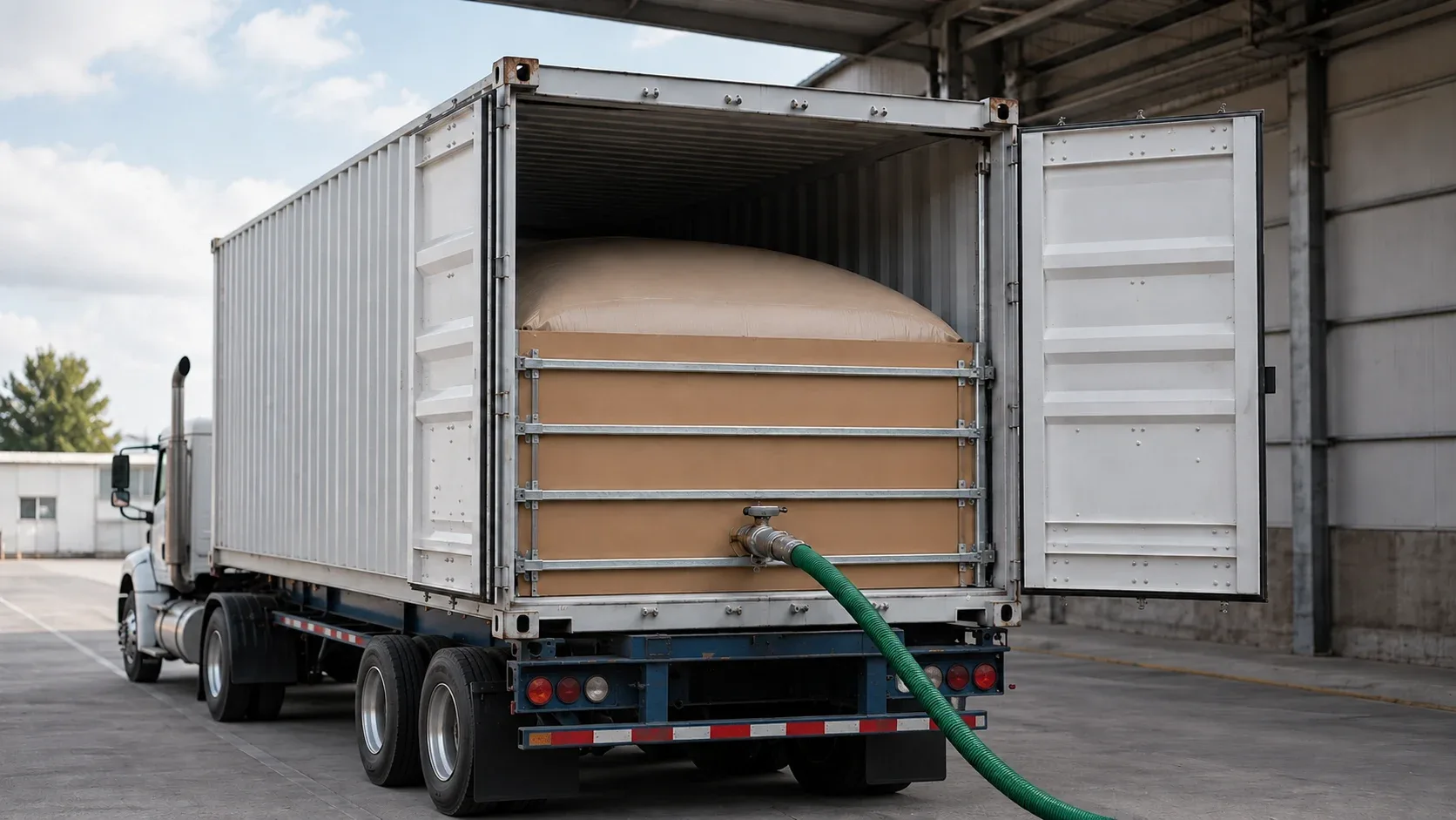 Illustrative view of a flexitank behind a reinforced bulkhead with a loading hose connected inside a shipping container on a chassis.